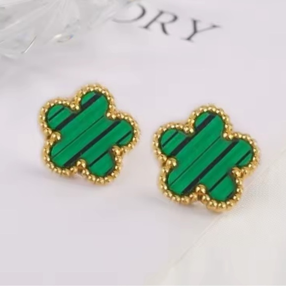 Alhambra Malachite Luck Four Clover Green Flower Stainless Steel Earrings - Picture 1 of 5